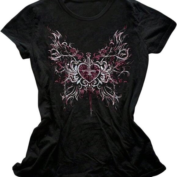 Fashionable Plus Size Y2K Gothic Tee, Vintage Graphic Short Sleeve Top - Picture 1 of 3